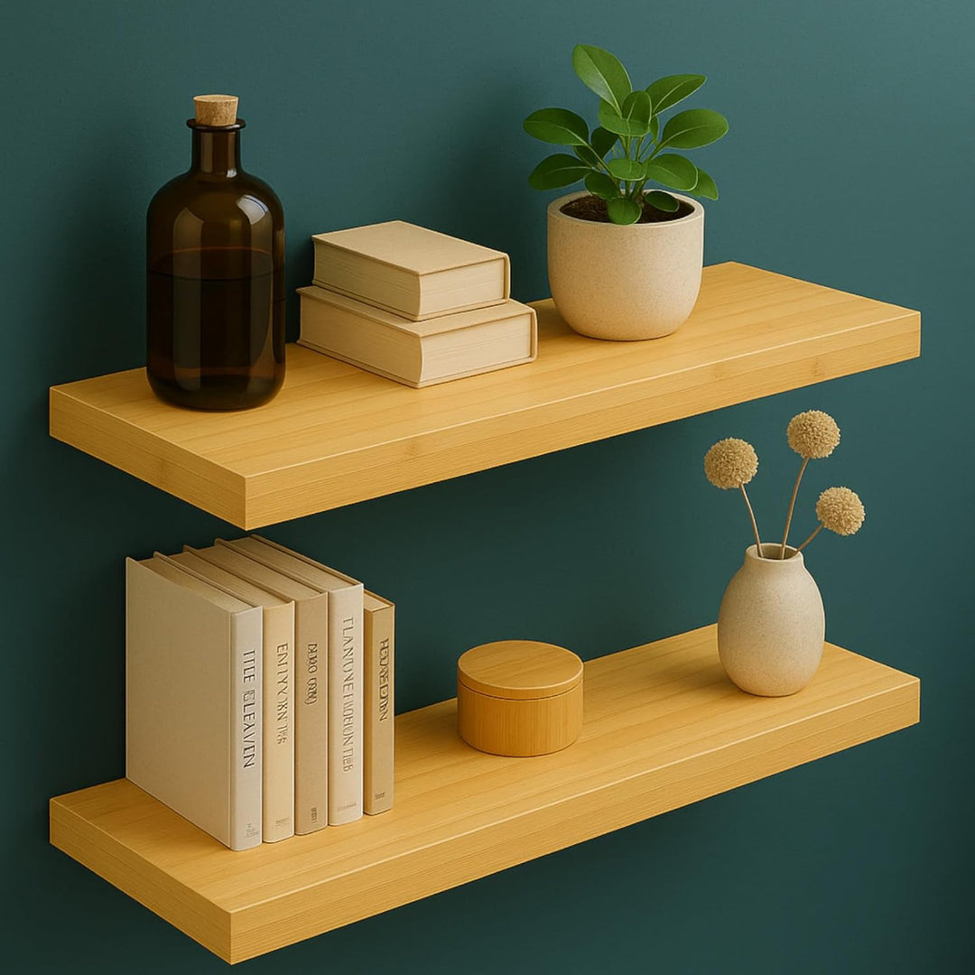 Wandregal Bretter 2er Set – Regalbretter 60x20x3,8 cm in Bambusoptik, Regalboden für Wohnzimmer Küch