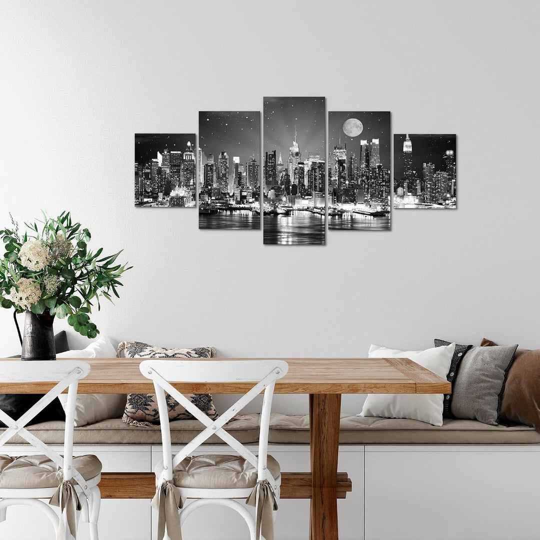 Runa Art Wandbilder New York City 5 Teilig Bild auf Vlies Leinwand Deko Wohnzimmer Büro Skyline Schw