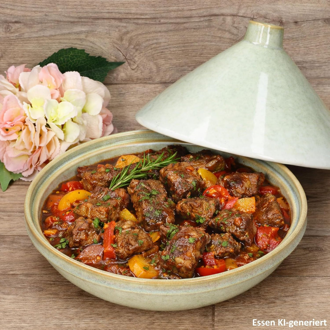 MamboCat Tajine aus Steingut hellgrün I orientalische Schmorform mit Deckel I mediterrane Servier- &