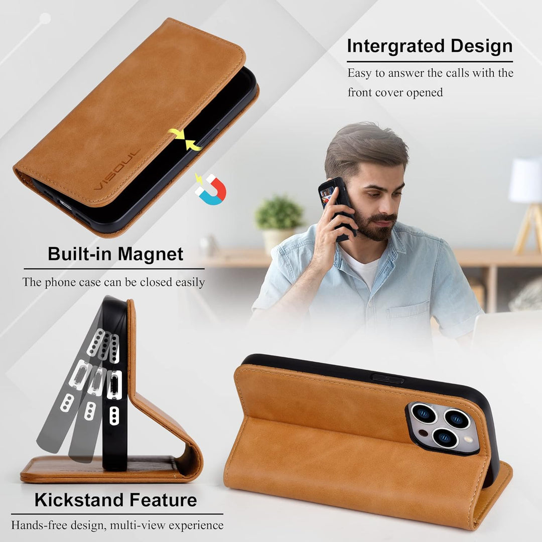 VISOUL Hülle für iPhone 14 Pro Handyhülle [Echtleder] [3 Kartenfächer] [Magnet] [Standfunktion], TPU