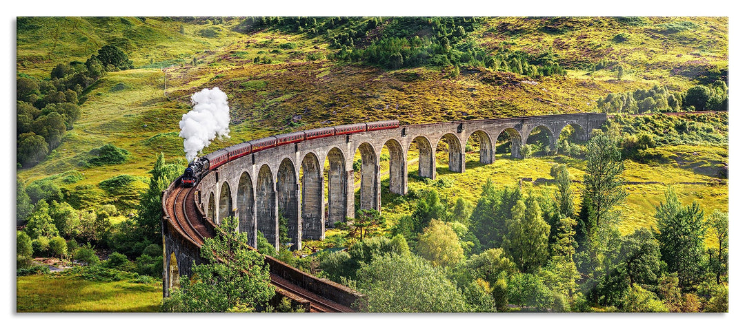 Glasbild Panorama | Wandbild aus Echtglas | Eisenbahnviadukt in Schottland | 100x40 cm | inkl. Aufhä