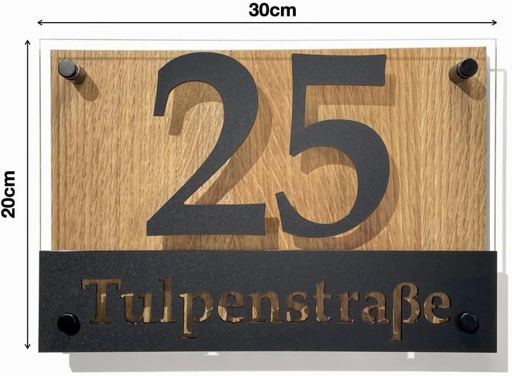 Hausnummer-Schild Adressschild haus hauswand personalisiert holz eiche plexiglass 3d individuelles d