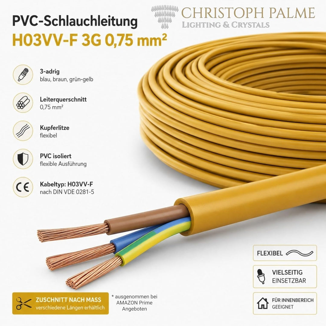 10m Zuleitung Braun H03VV-F 3 x 0,75qmm PVC isolierte Schlauch-Leitung 3G Leuchtenkabel Lampenkabel