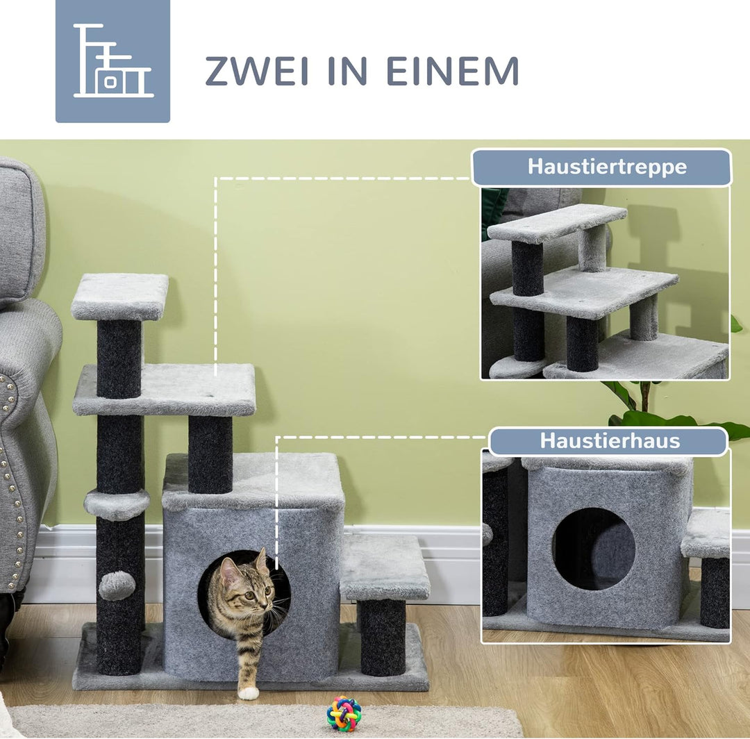 PawHut Hundetreppe 3/4 Stufen 66 cm Hoch Haustiertreppe mit Schlafhöhle, Rampe, Sipielball, Katzentr