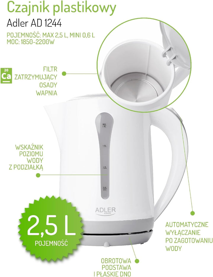Adler AD 1244 Wasserkocher 2,5 L, Weiss/Grau
