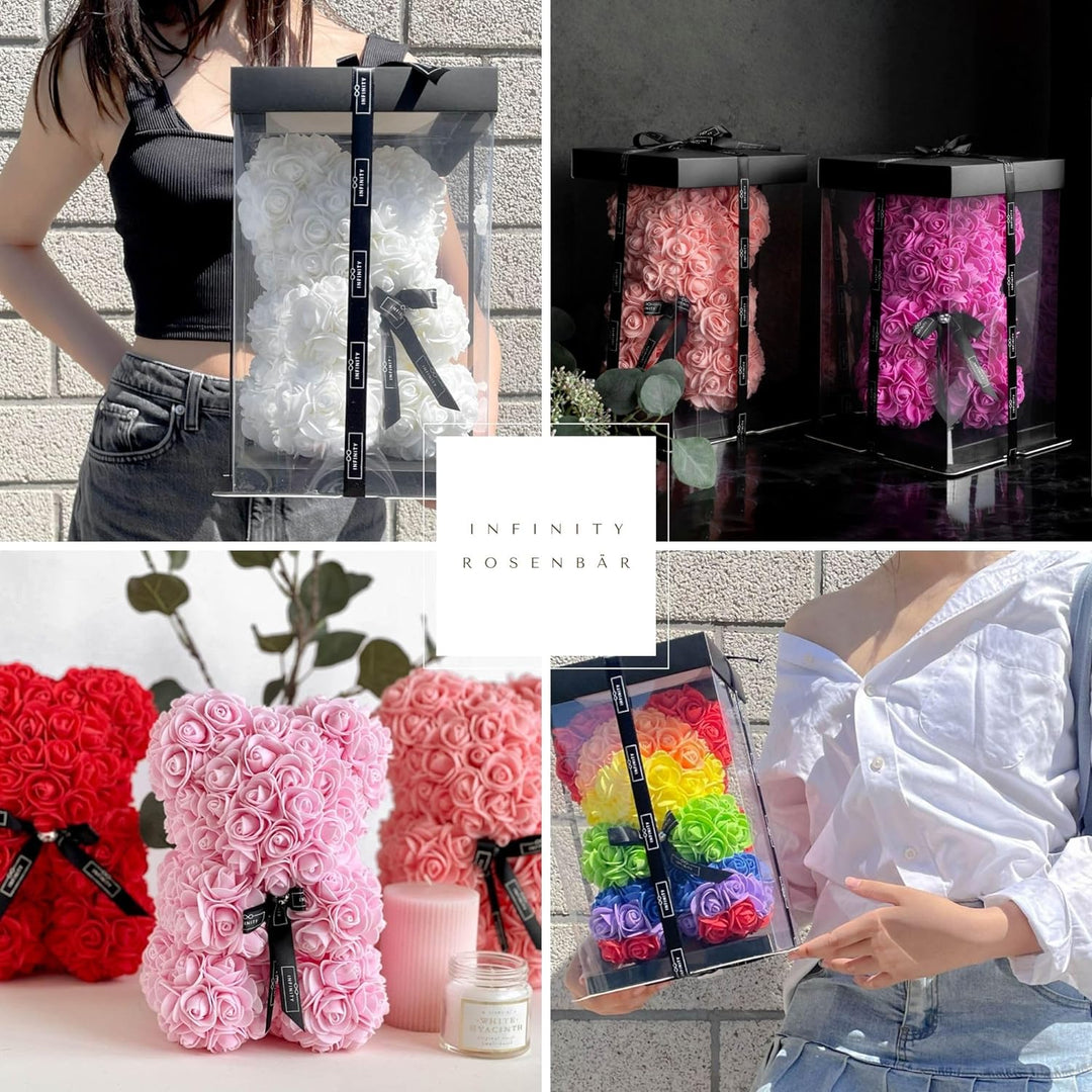 Infinity® Rosenbär mit Geschenkbox & über 300 handbeklebten ewigen Rosen mit Duft - Geschenk für Fra