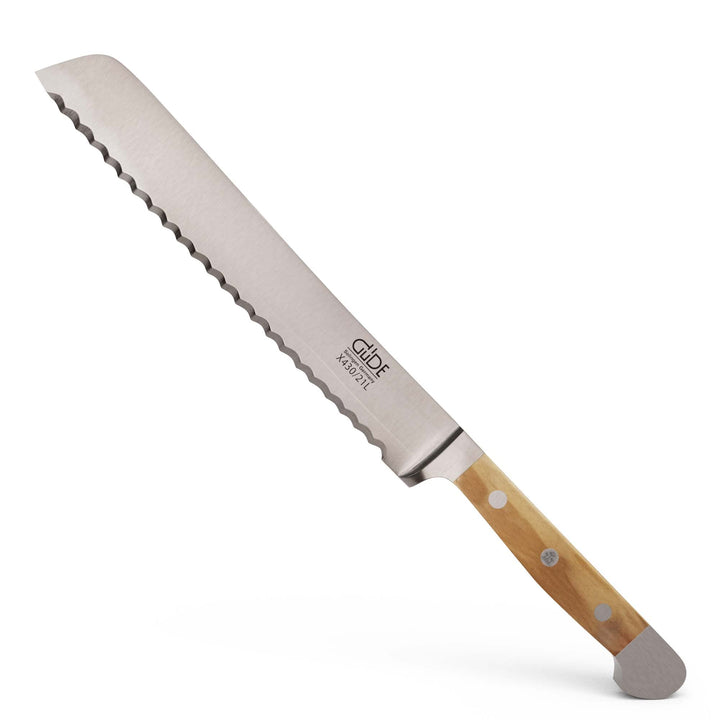 GÜDE Solingen - Brotmesser Linkshänder geschmiedet, 21 cm, Olivenholz, ALPHA OLIVE, Doppelkropf, Han