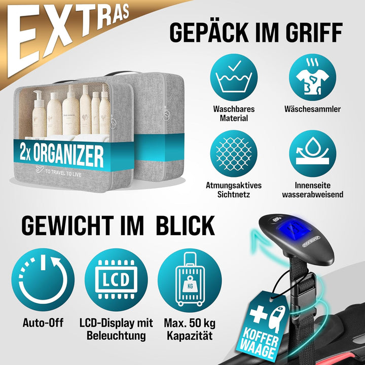 MONZANA® 4tlg Kofferset Schloss Organizer Kofferwaage Gurt Gel-Griffe Zwillingsrollen Standfüsse Tro