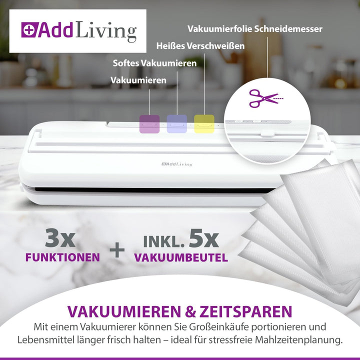 AddLiving Vakuumierer | Vakuumiergerät für Lebensmittel | Inkl. 5 Vakuumbeutel (20 x 30 cm) | Vacuum
