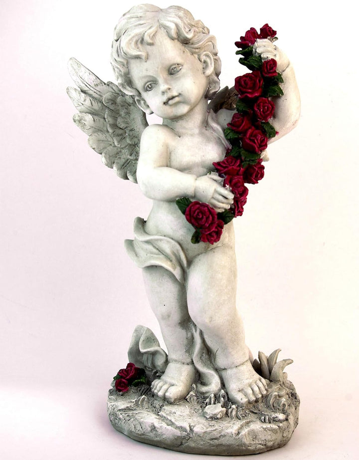 GeKi Trend Engel Figur mit Rosengirlande Dekofigur Putte frostfest Gartendeko Grabschmuck antik weis