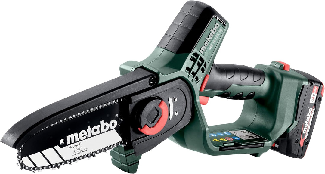 Metabo Akku Gehölzsäge (Holzsäge mit Akku/Ladegerät, kleine Kettensäge 15 cm, in Werkzeugtasche, Gar
