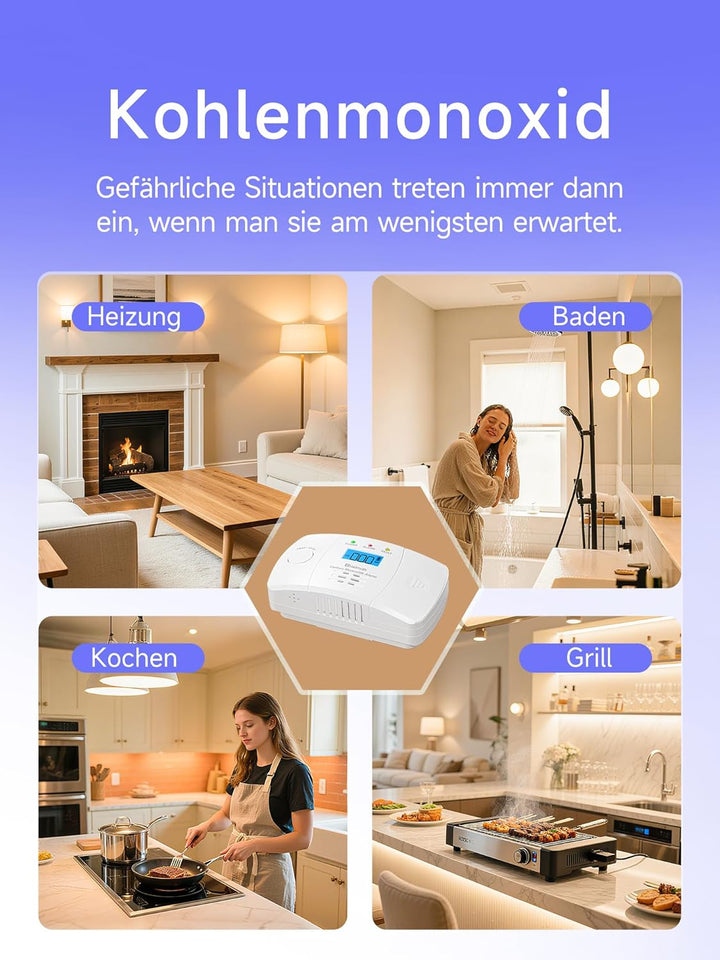 Heiman CO Melder mit Digitalanzeige, BSI Zertifiziert nach EN 50291,Kohlenmonoxidmelder, 10-Jahren L