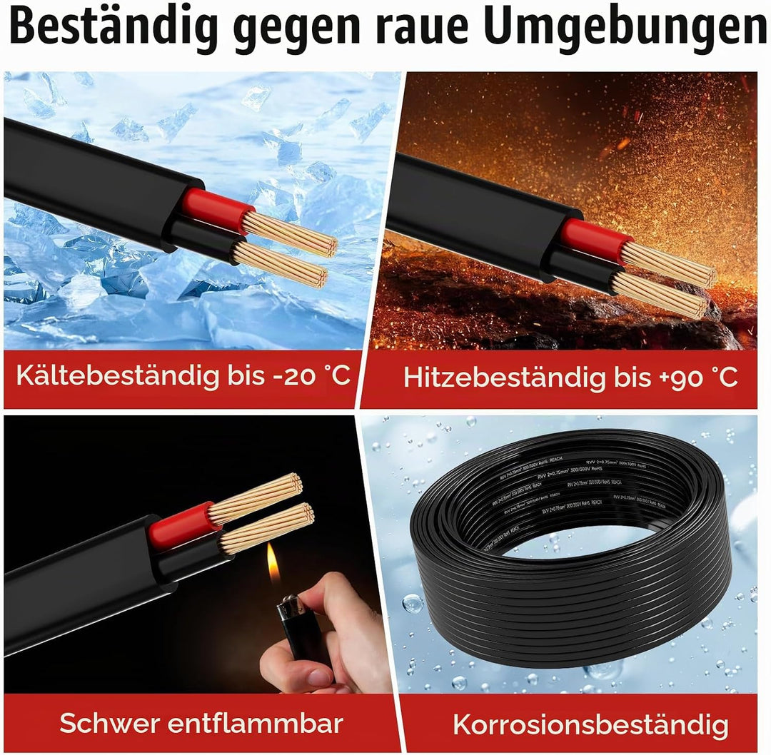 20M Fahrzeugleitung 2x0,75mm² Flachkabel, 12V 24V 2 Adriges Anhängerkabel, 2 Adriges Elektrokabel FL