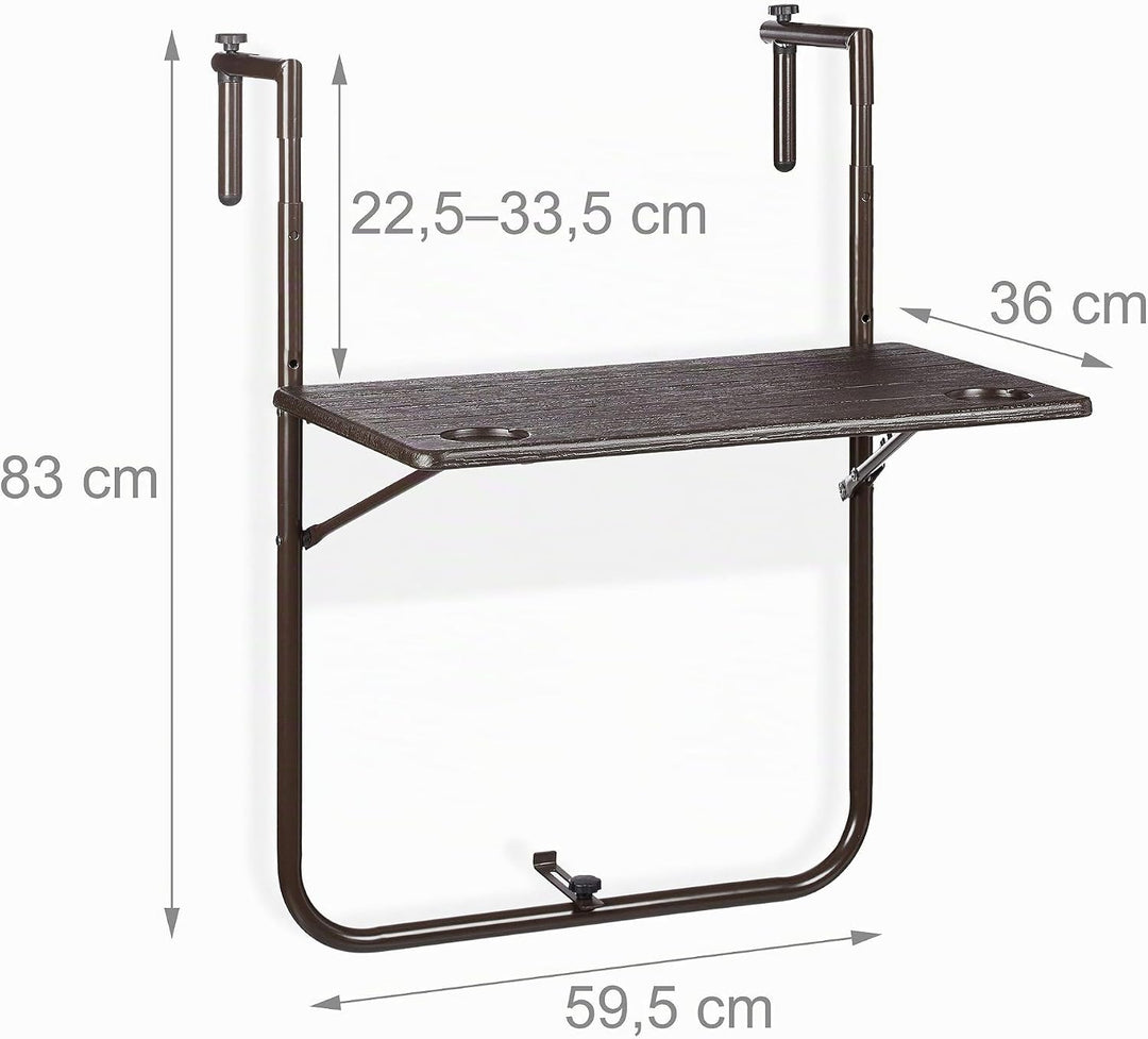 Relaxdays Balkonhängetisch klappbar, 3-Fach höhenverstellbar, Tischplatte in Holz-Optik BxT: 59,5 x