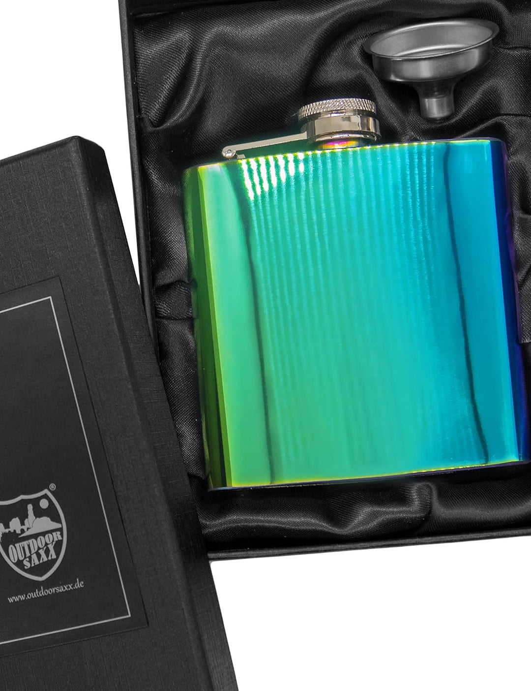 Edelstahl Flachmann, 175ml, Regenbogen Effektlack-Design, verspiegelt, in Geschenkbox