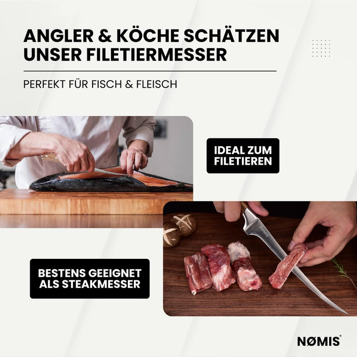 NØMIS Premium Filetiermesser Fisch | Filitiermesser scharf Fisch | Fischmesser | 18,5 cm Klinge aus
