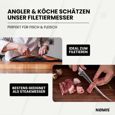 NØMIS Premium Filetiermesser Fisch | Filitiermesser scharf Fisch | Fischmesser | 18,5 cm Klinge aus