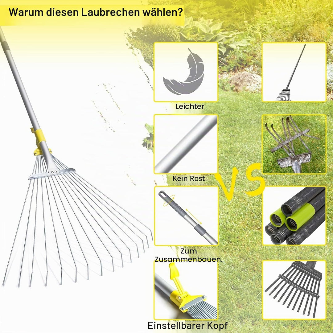Jardineer 160 cm Teleskopstiel Garten Laubrechen, Sammeln von Rasen und Gartenabfällen, Aluminiumgri