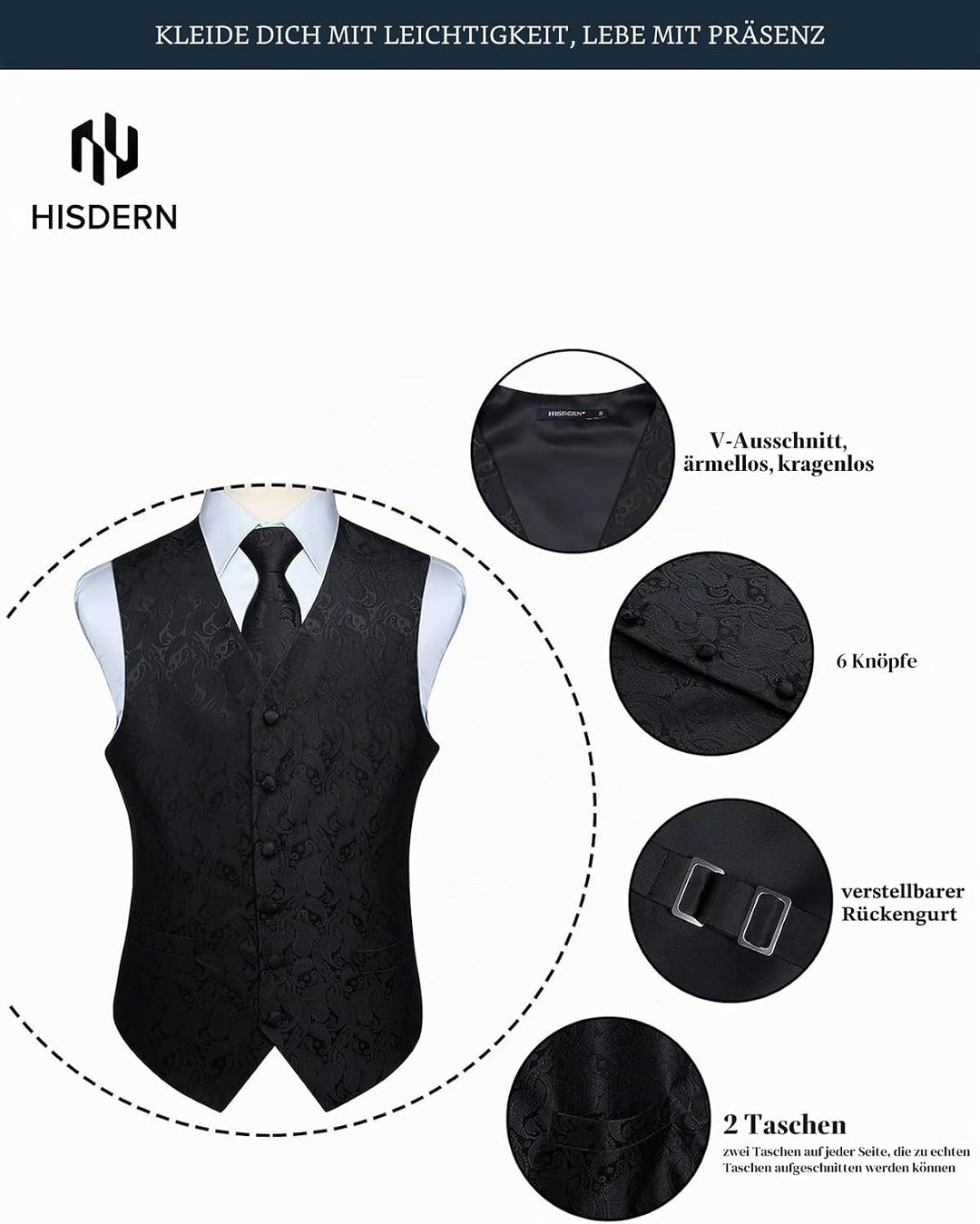 HISDERN Herren FLoral Hochzeit Weste Krawatte Einstecktuch Taschentuch Jacquard Weste Anzug Set M Sc