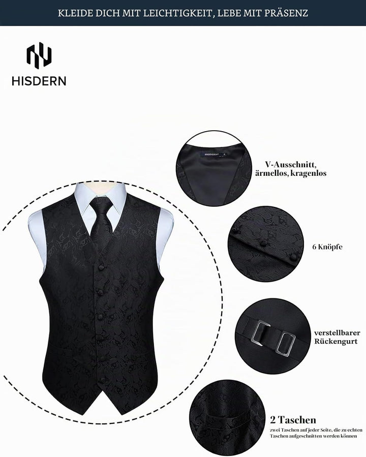 HISDERN Herren FLoral Hochzeit Weste Krawatte Einstecktuch Taschentuch Jacquard Weste Anzug Set M Sc