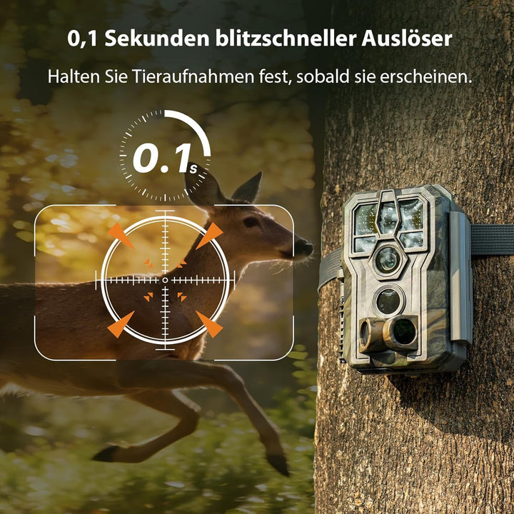 GardePro E5 2.0 4K Wildkamera, 64GB SD-Karte, 64MP Wildtierkamera mit 0,1s Auslöser, 30m no-Glow Nac