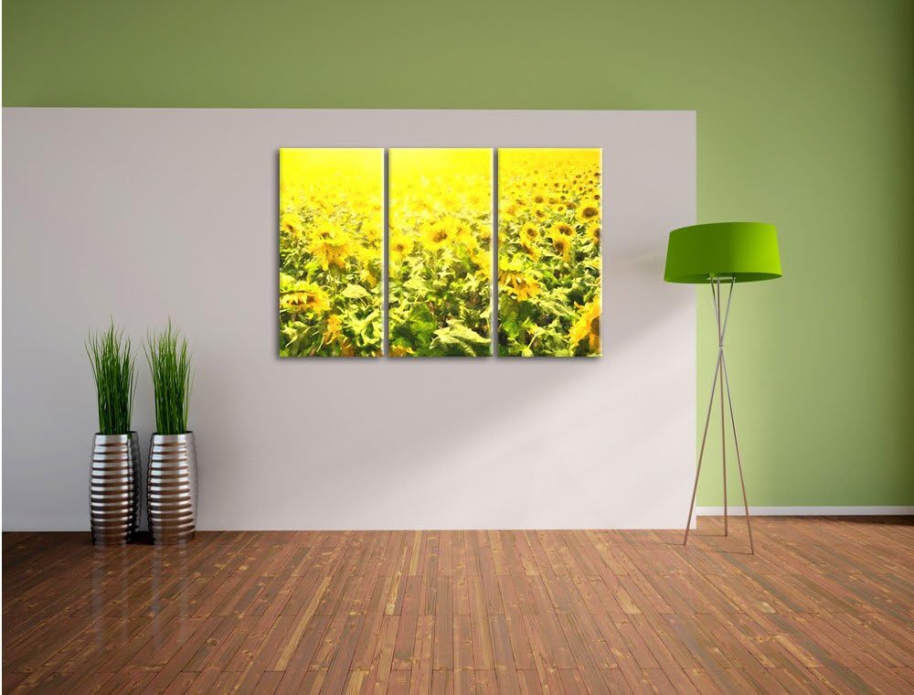 Pixxprint Riesiges Sonnenblumenfeld / 3-Teilig/Gesamtmass 120cm Leinwandbild bespannt auf Holzrahmen