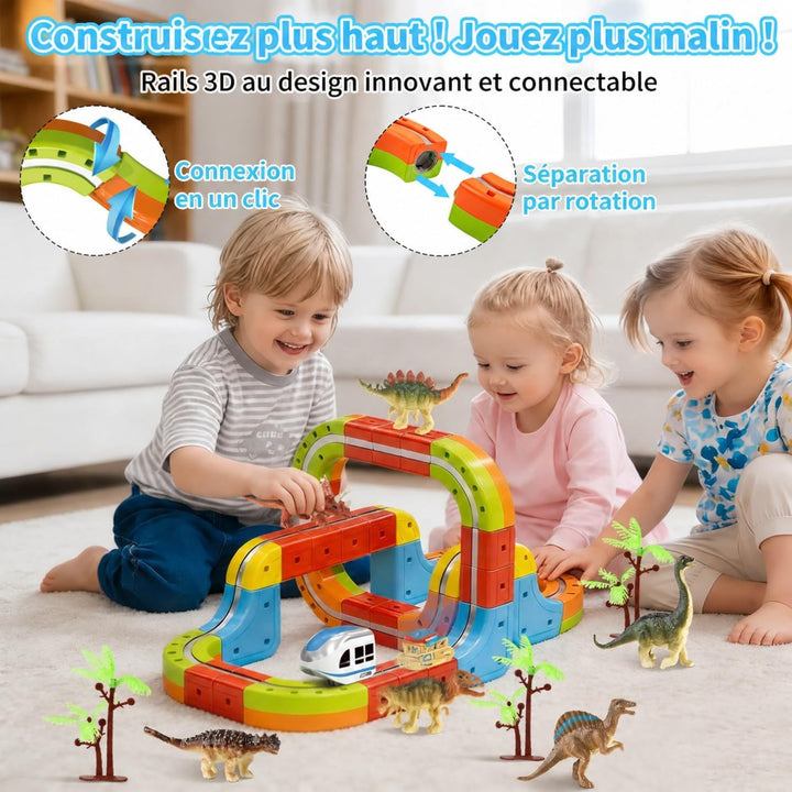 Clickrail Electric Train Set Flexible Race Track, Block Zug mit Dinosaurierspielzeug/Kokospalme/Aufk