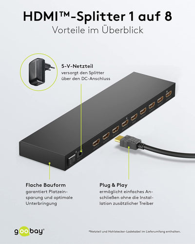 goobay 58484 HDMI Splitter 1 auf 8 / HDMI Verteiler unterstützt Auflösungen bis zu 4K@ 60Hz /1x HDMI