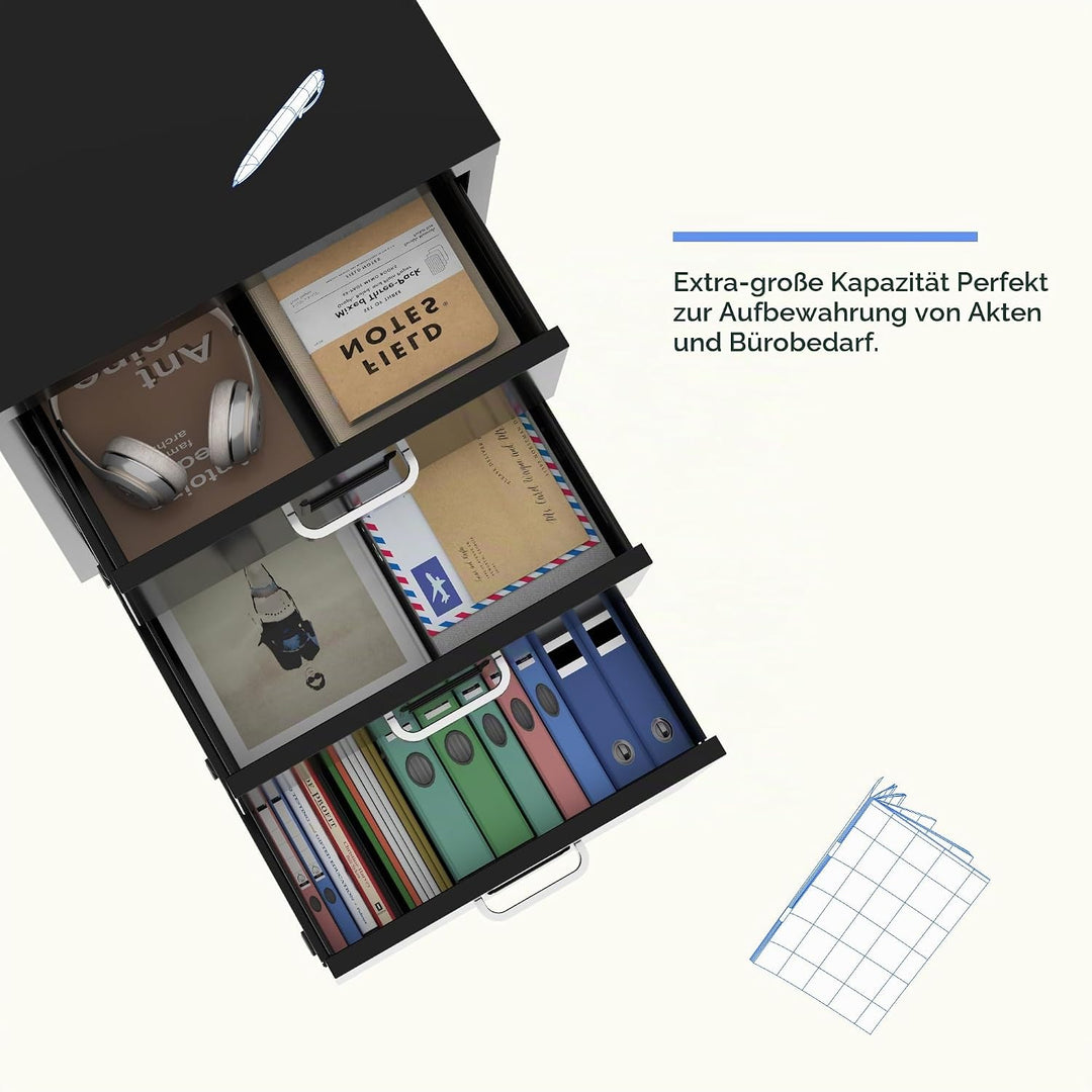 FLEXISPOT Rollcontainer Büroschrank mit 3 Schubladen, Aktenschrank Metallschrank Kommode mit Rädern,