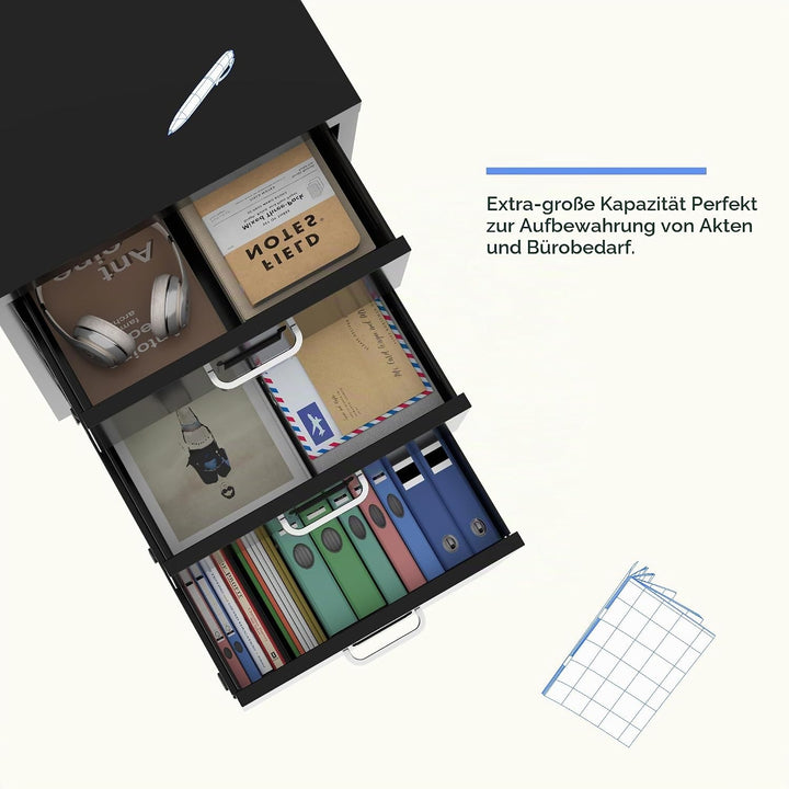 FLEXISPOT Rollcontainer Büroschrank mit 3 Schubladen, Aktenschrank Metallschrank Kommode mit Rädern,