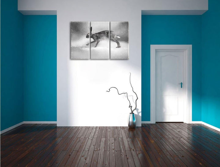 Pixxprint hoppelnder Hase als Leinwandbild/Grösse: 3 Teilig (120x80) cm/Wandbild/Kunstdruck/fertig b