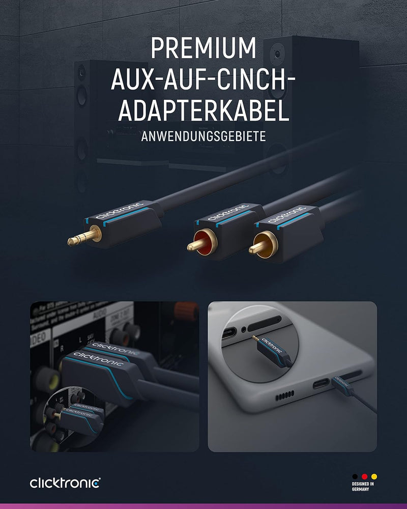 Clicktronic 3,5-mm-AUX-auf-Cinch-Adapterkabel, stereo / MP3 Audio Verlängerungskabel, Kopfhörer-Verl