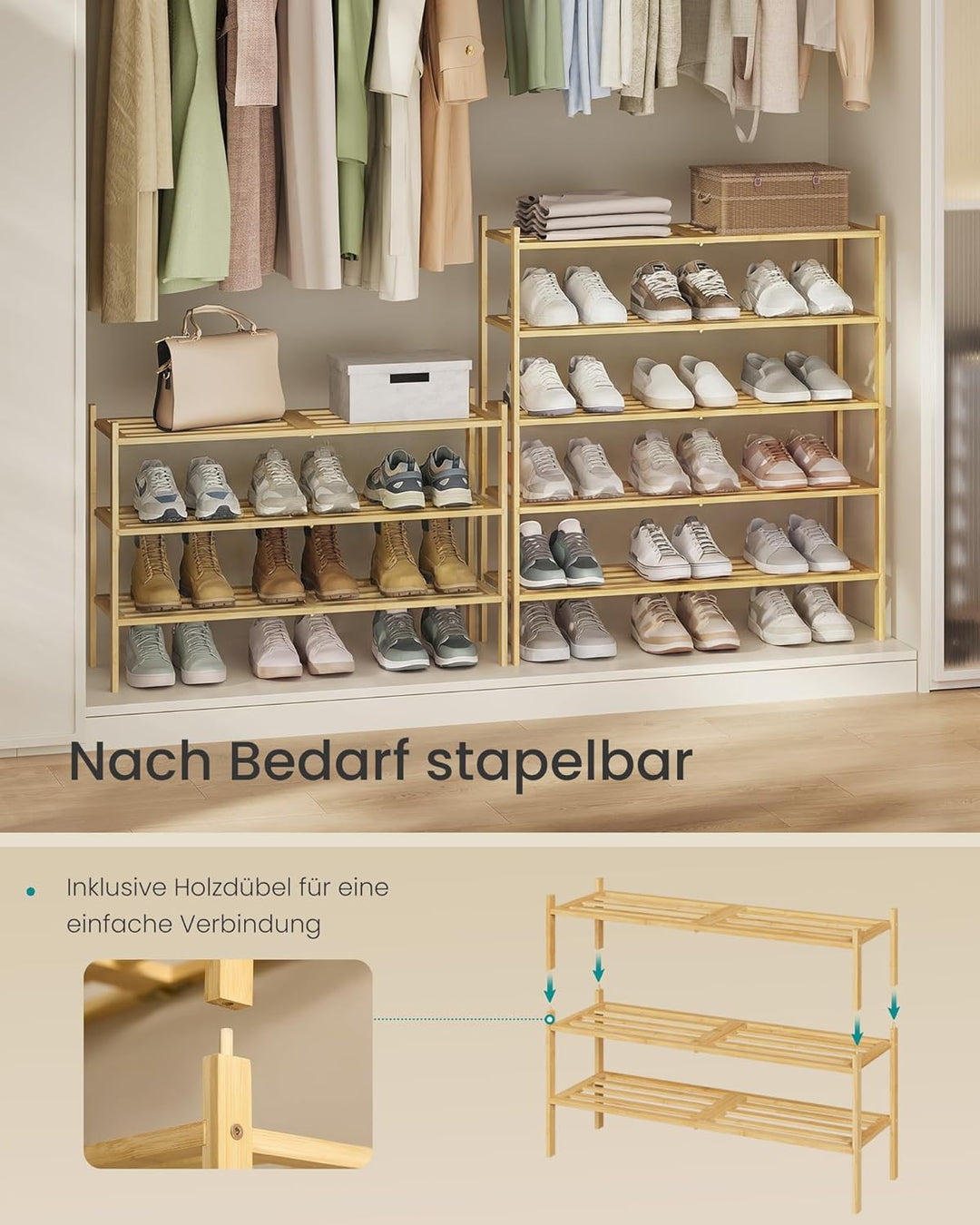 SONGMICS Schuhregal aus Bambus, Schuhablage 2 Ebenen, stapelbar, platzsparend, Regal für Flur, Wohnz