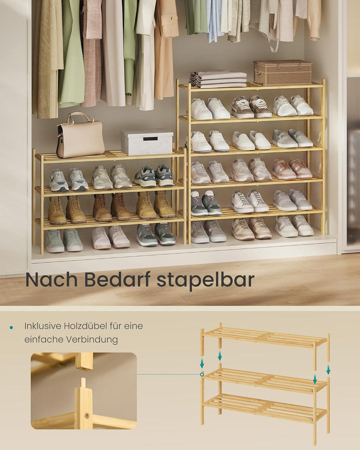 SONGMICS Schuhregal aus Bambus, Schuhablage 2 Ebenen, stapelbar, platzsparend, Regal für Flur, Wohnz