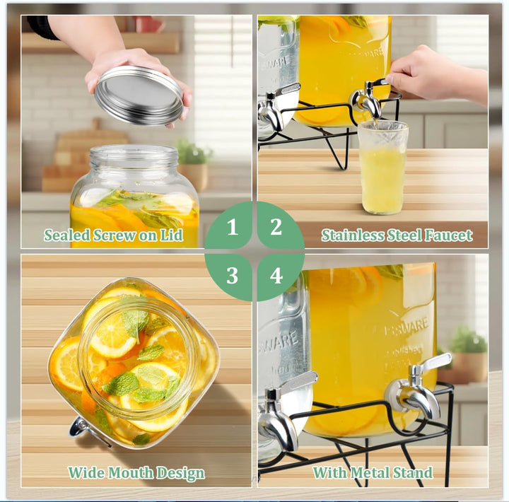 2 x 4L Glas Getränkespender, Getränkespender mit Rostfreiem Wasserhahn, Glas-Wasser-Saft-Spender mit