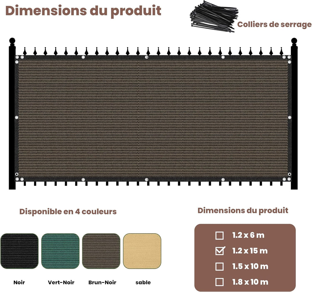 Zaunblende Sichtschutz Braun-Schwarz,1.2x15m, Sichtschutzzaun 90% HDPE-Schattennetz für den Aussenbe