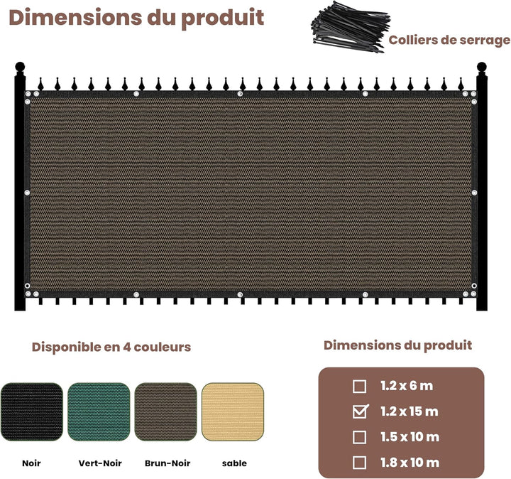 Zaunblende Sichtschutz Braun-Schwarz,1.2x15m, Sichtschutzzaun 90% HDPE-Schattennetz für den Aussenbe