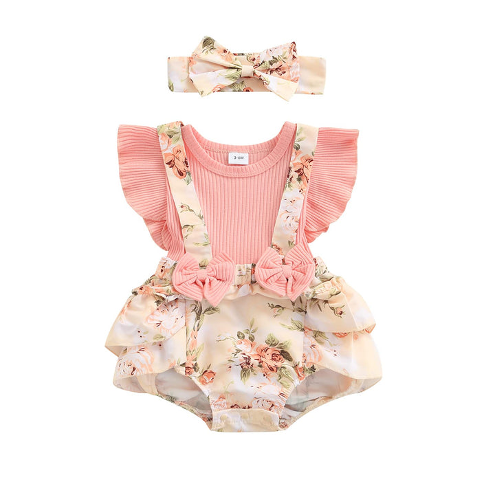 2 Stück Baby Mädchen Sommer Kleidung Outfit Blumendruck Strampler + Stirnband Kleinkinder Body Kleid