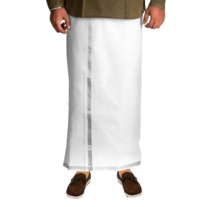 Cotton Dhoti Vesti Mundu Single Layer with Golden Border, Farbe: Weiß, 2,5 cm, silberfarbener J