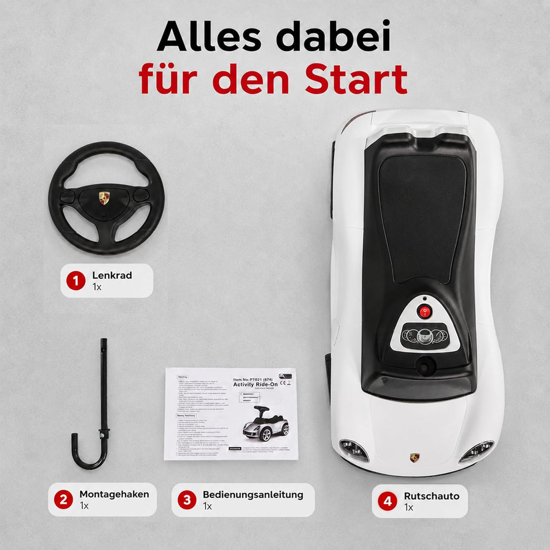 Lemodo, Porsche Carrera GT Rutschauto lizenziert weiss, ab 18 Monaten, Kinderfahrzeug mit Scheinwerf