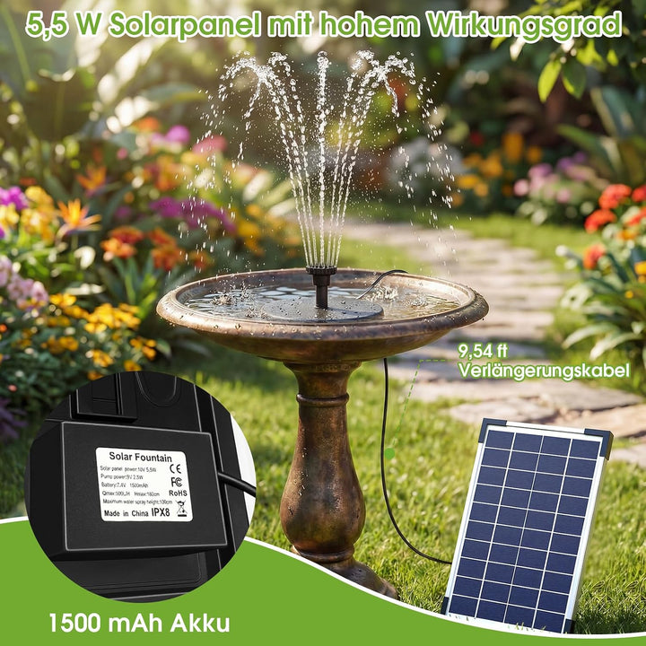 AISITIN Solar Springbrunnen 5.5W Solar Teichpumpe mit Solar Panel Eingebaute 1500mAh Batterie Wasser