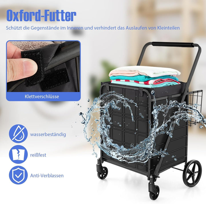 COSTWAY Einkaufstrolley Klappbar, Einkaufswagen auf Rollen mit Abnehmbarer Oxford-Tasche & 2 Körben,