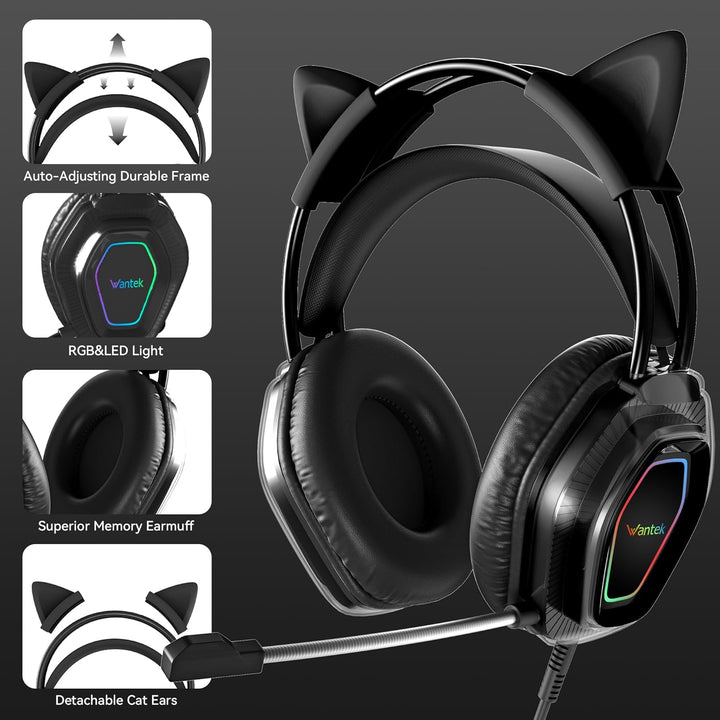 Wantak Katzenohr Kopfhörer mit Mikrofon – Kabel (3,5mm/USB) – Gaming Headset für PC/PS5/Xbox – Noise