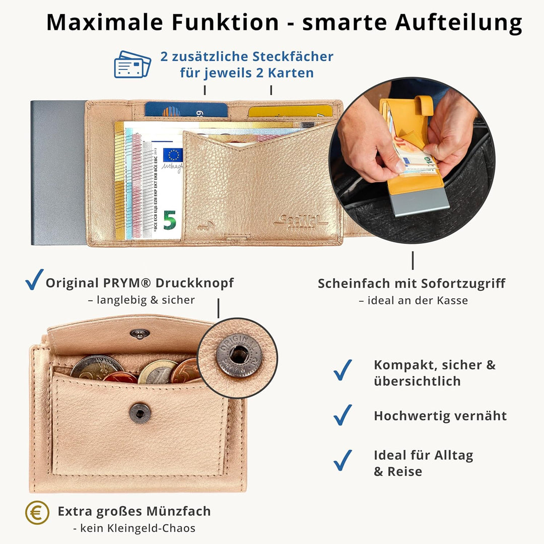 SecWal Kartenetui mit Münzfach Druckknopf inkl. Geschenkbox - Made in Germany - Echtleder Mini Geldb