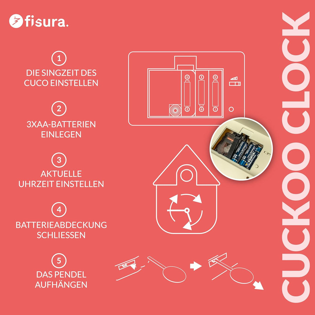Fisura - Kuckucksuhr mit Streifen und rotem Zifferblatt, originelle Schwarz-Weiss-Wanduhr, stilvolle