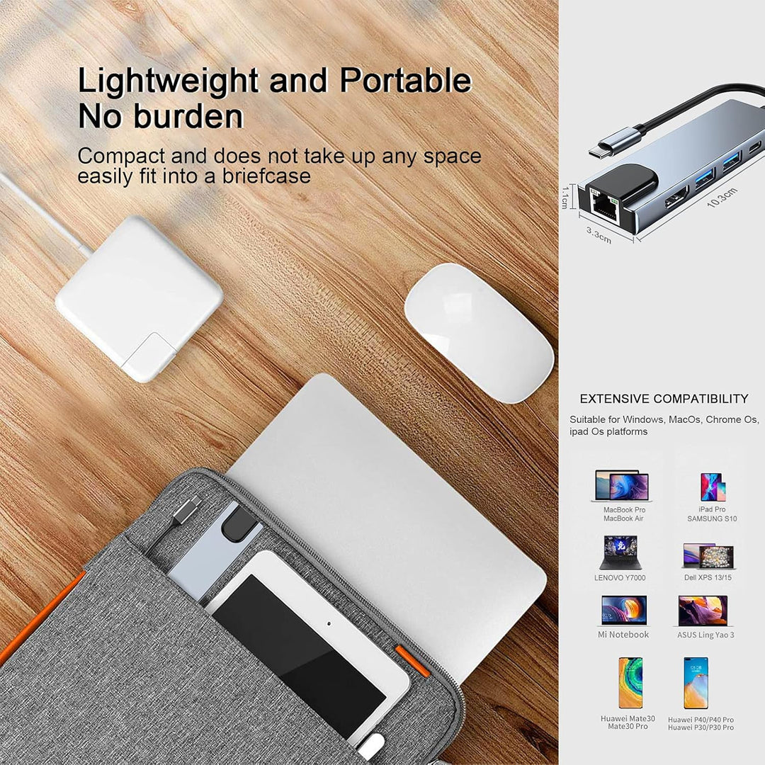 USB C Hub Multiport Adapter, 5 in 1 USB C Docking Station mit 4K HDMI, RJ45 Ethernet, USB3.0, 100W P