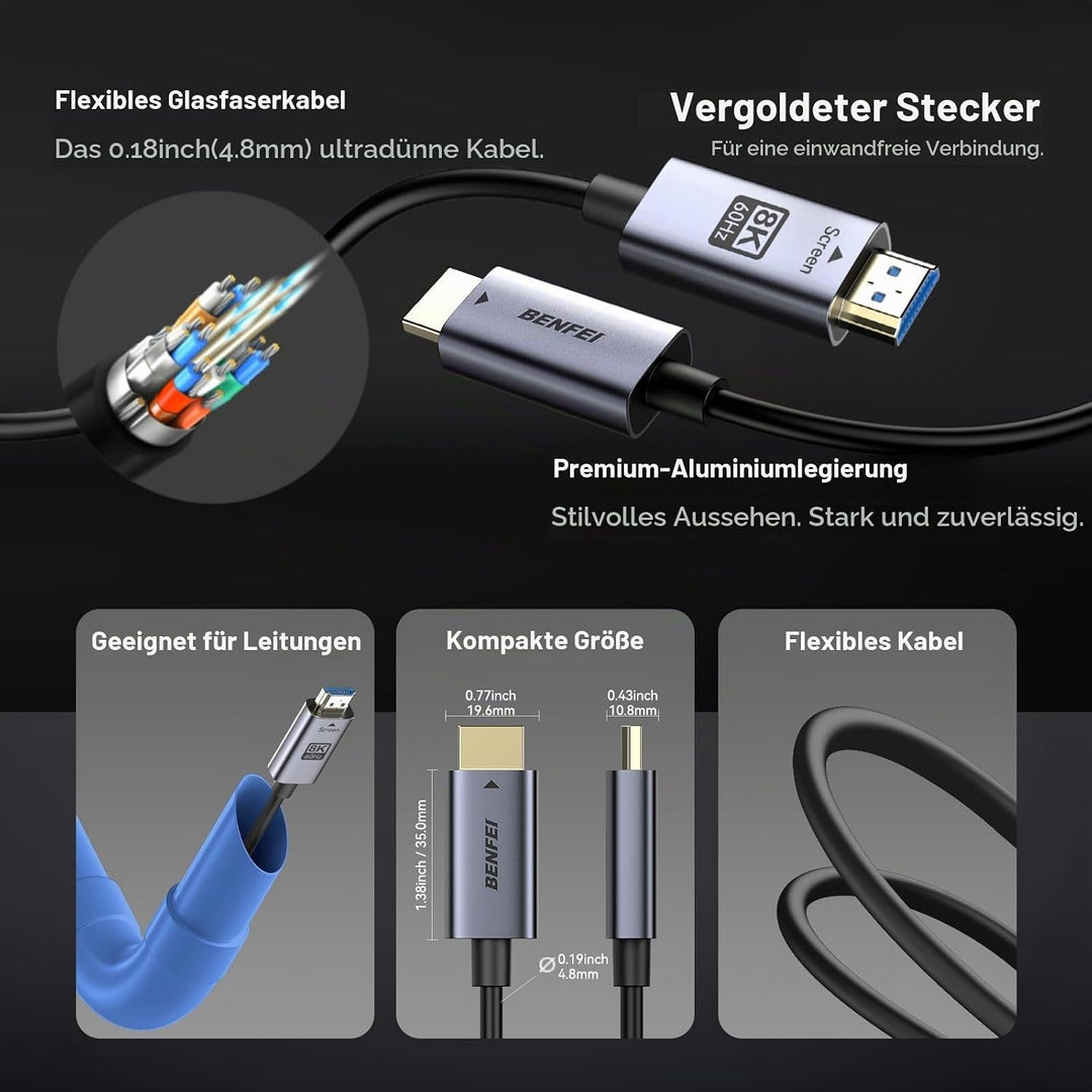 BENFEI 8K HDMI 2.1 Glasfaser kabel 30M–8K@60Hz, 4K@240Hz, 48Gbps High Speed, CL3 (wandtauglich), mit