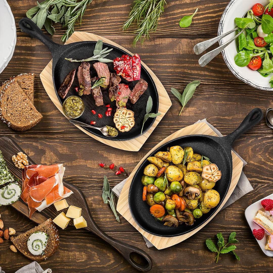 4er Set Servierpfannen Set aus Gusseisen, 37cm Ovale Grillpfanne Gusseisen mit Holzuntersetzern und
