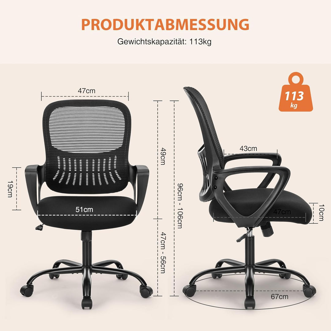 Sweetcrispy Bürostuhl Ergonomisch, Schreibtischstuhl mit Lendenwirbelstütze, Verstellbaren Armlehnen