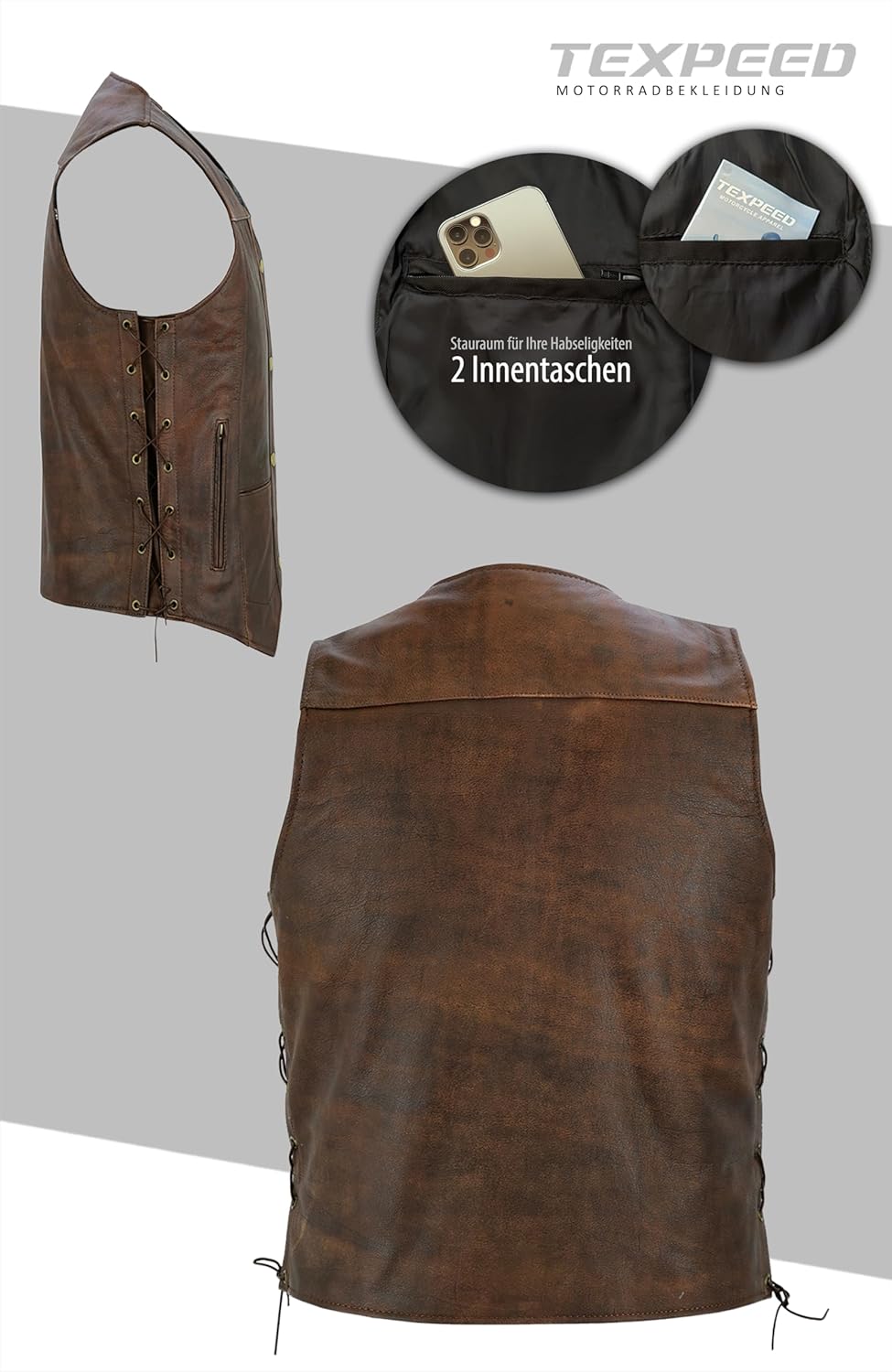 Texpeed motorrad leder weste herren - Chopper biker rocker lederweste - Reissverschlusstaschen mit g